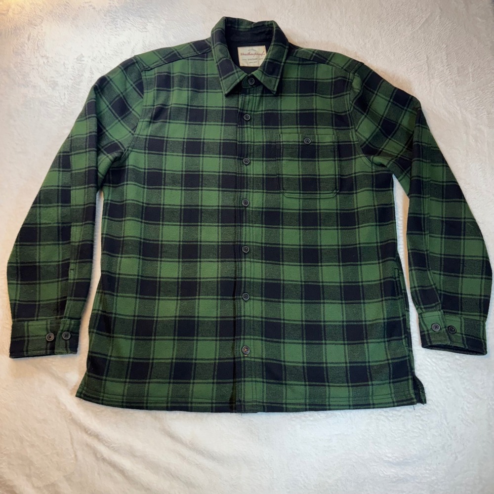 Weatherproof Vintage Mens Green Black Plaid Fleece Lined Flannel Shirt Large